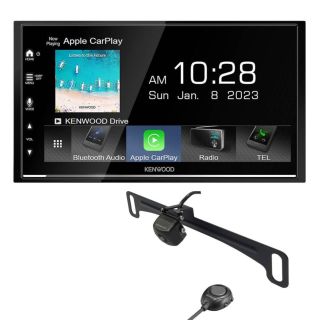Kenwood DMX7709S 6.75" capacitive touchscreen HD display + Bluetooth, Waze-ready with Apple CarPlay or Android Auto + CMOS-320LP Universal backup camera with 4 view modes — License Plate Mount and Bracket