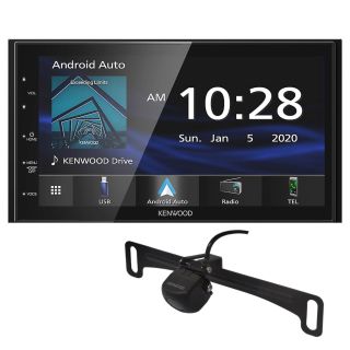 Kenwood DMX4707S Digital Multimedia Receiver w/ AM/FM tuner, Android Auto / CarPlay (does not play CDs) + CMOS-230LP Rear View Camera with License Plate Mounting Kit