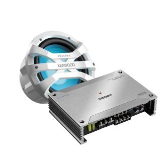 Kenwood XM3024 4-channel powersports/marine amplifier — 50 watts RMS x 4 + XM1041BL 10" 4-ohm all-weather subwoofer w/ RBG LED lighting 