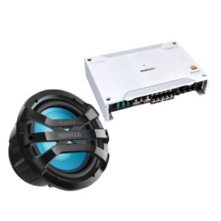 Kenwood XM8025 5-channel powersports/marine amplifier — 50 watts RMS x 4 at 4 ohms + 500 watts RMS x 1 at 2 ohms + XM1041BL 10" 4-ohm all-weather subwoofer w/ RBG LED lighting 