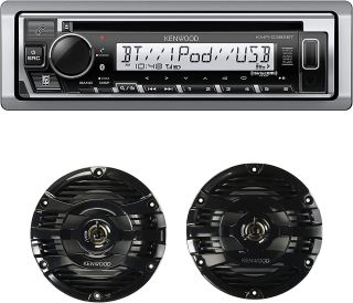 Kenwood KMR-D382BT Car & Marine Stereo-Single Din, Bluetooth Audio, CD USB MP3, Aux in, AM FM Radio, Weatherproof | Plus 2X Kenwood KFC-1653MRB 6.5" Black Marine 2 Way Speakers 150 Watts (Black)