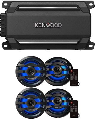 KENWOOD KAC-M5024BT Compact 4-Channel 600W Car Amplifier w/Bluetooth for Marine, ATV & Powersports | Plus Two (2) KFC-1673MRBL 6.75" 2-Way Marine Speaker(Black)