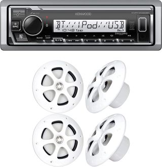 Kenwood KMR-M332BT Marine digital media receiver (does not play CDs) Car & Marine Stereo - Single Din, Bluetooth Audio, USB MP3, Aux in, AM FM Radio SiriusXM Ready, Weatherproof | Plus 2X Kenwood KFC-1613MRW 6-1/2" 2-way marine speakers (White) (2 Pair)
