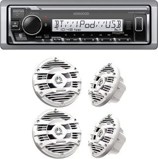 Kenwood KMR-M332BT Car & Marine Stereo - Single Din, Bluetooth Audio, USB MP3, Aux in, AM FM Radio SiriusXM Ready, Weatherproof | Plus 2X Kenwood KFC-1653MRW 6.5" 2-Way Marine Speakers Pair (White) (Two Pairs)