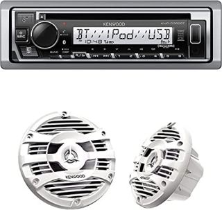 Kenwood KMR-D382BT Car & Marine Stereo - Single Din, Bluetooth Audio, CD USB MP3, Aux in, AM FM Radio SiriusXM Ready, Weatherproof | Plus 2X Kenwood KFC-1653MRW 6.5" 2-Way Marine Speakers Pair (White) (Pair)