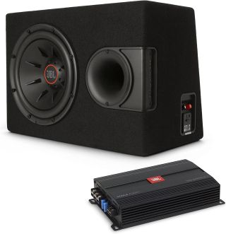 JBL S21224SSZ 12" SSI Subwoofer Enclosure with Slipstream Port and Selectable 2-Ohm or 4-Ohm + STAGEA3001Z Mono subwoofer amplifier — 300 watts RMS x 1 at 2 ohms
