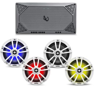 Infinity 622MLW Reference Series 6-1/2" 2-way marine speakers with built-in RGB LED lights (White) + M704A 4-channel marine amplifier — 70 watts RMS x 4 