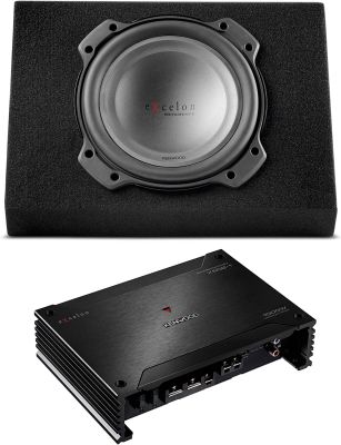 Kenwood Excelon P-XRW1002WB Reference Series sealed wedge enclosure with one 10" subwoofer +X5021 X Series mono subwoofer amplifier — 500 watts RMS at 2 ohms