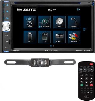 Boss BV765B 6.5" touchscreen with icon-based controls DVD Receiver with AM/FM tuner + SV5130IR License Plate Style Backup Camera