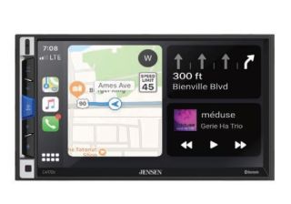 Jensen CAR70V 7" Capacitive touchscreen LCD (1024 x 600), Built-in Bluetooth technology with hands-free calling, music streaming with ID3 tags and phonebook support, external mic, AM/FM Tuner with 30 presets (18FM/12AM), Push-to-talk button to access smar