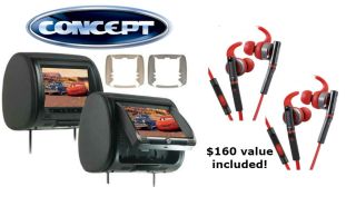 Pair of Concept CLD-903 Chameleon 9" Headrest with HD Input, Built in DVD Player, Touch Buttons, and High Audio Output w Two Kenwood KH-SR800 In Ear Headphones