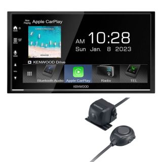 Kenwood DMX7709S 6.75" capacitive touchscreen HD display + Bluetooth, Waze-ready with Apple CarPlay or Android Auto + CMOS-320LP Universal backup camera with 4 view modes — License Plate Mount and Bracket