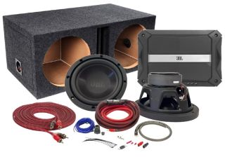 Two JBL 10" Subwoofers 4 Ohm Single Voice Coil bundled with E10DV 10" Dual Vented Enclosure with Stadium 600 Amplifier and 4Ga Amplifier Wiring Kit
