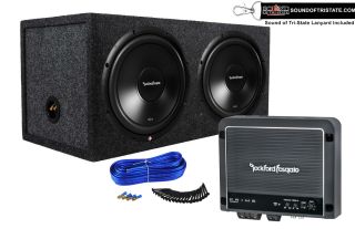 Rockford Fosgate Prime R500X1D 500 Watt Class-D Mono Amplifier with a pair of R2D4-12 Prime R2 Series 12" subwoofer with dual 4-ohm voice coils in a dual sealed enclosure and a SOTS lanyard