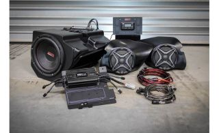 SSV Works RZ3-3A 3-speaker audio upgrade kit for Polaris RZR: contains MRB3 receiver, two SSV Works speakers, 10" powered sub, 4-channel amp, and mounting kits