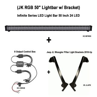 HEISE - 50" LED Light Bar + Jeep JL Wrangler Pillar Light Brackets + 8 Output Control Box