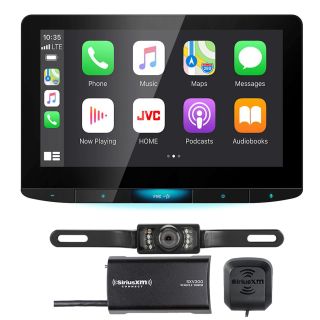 JVC KWZ1000W 10.1" HD Floating Digital Multimedia Receiver with Bluetooth Apple CarPlay and Android Auto bundled with + SXV300V1 SiriusXM Satellite Radio + License plate Style Back-up Camera (Does Not Play discs)