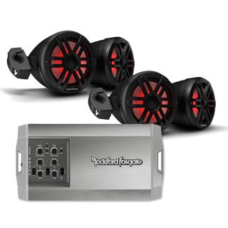 Rockford Fosgate 2 Pairs of M1WL-65MB Black 6.5" Color Optix Moto Can Speakers, & 1 TM400X4ad 4 Channel Marine Amplifier