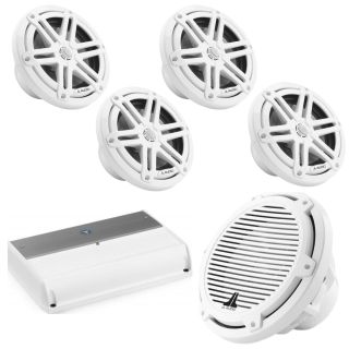 JL Audio M3650XSGW-X2 + 6-1/2" marine speakers (Gloss white with "Sport" grilles) + M7005 5-channel marine amplifier + M310IBSGW4 M3 Series 10" marine subwoofer (Classic White grille)