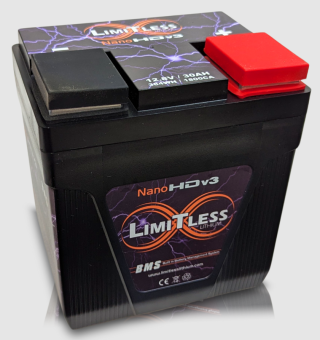 Limitless Nano-HDv3 POWER: Supports 5,500-6,000 Watts BMS Protected Motorcycle & Powersports only (No vehicles with an alternator) Dimensions: 6.46"Wide x 6.89" Deep, 5.04" Tall, 10.36lbs Max Charging: 14.8V