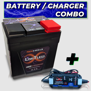 Limitless Lithium NanoHDv3/MTN Nano -HDv2 Motorcycle / Power sports Battery With 3.5A Battery Maintainer and Adapters