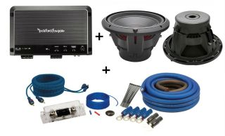 Rockford Fosgate R1200-1D 1200W Monoblock Amplifier with P2D4-12 12" Punch P2 4-Ohm DVC Subwoofer (pair) and Sound Quest SQK4ANL 4 Gauge Amplifier Kit - Blue