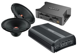 Hertz SPL Show Series SV-200-NEO 8 in. (200mm) SPL 4-Ohm Midrange Speakers (Pair) with Neo Magnets and UV/Waterproofing + S8 DSP Compact Digital Interface Processor 6 in + Digital in & 8 outputs +  D-Class 4 Channel Amplifier 250 WRMS x 4 at 2 Ohm (IP55 R
