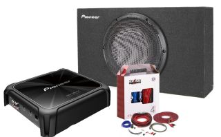 Pioneer TS-D10LB Sealed enclosure with 1 10 Inch Shallow Mount Enclosure with 1 10" Shallow Mount Subwoofer Bundled with (1) Pioneer GM-D8701 Mono 1600W Class FD Car Amp, with Bass Boost Remote + 4 Gauge SOTS Amplifier wiring kit and RCAs.
