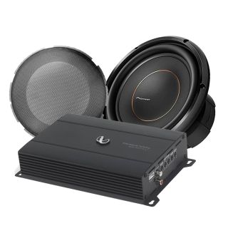 Pioneer TS-D10LS2 D Series 10" 2-ohm shallow-mount subwoofer + Infinity Primus 3000A Mono subwoofer amplifier — 300 watts RMS x 1 at 2 ohms + Pioneer 10" Grill