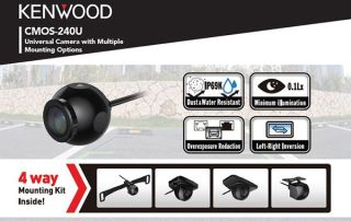 Kenwood  CMOS-240U Rearview Camera, Parking Guidelines, Reverse image switchable, 4-way Mounting: License Plate, Rubber Angle, Metal Angle, Universal Square
