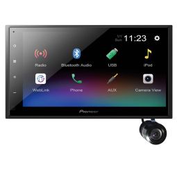 6.8" capacitive touchscreen display with variable color button illumination Digital multimedia receiver (does not play CDs) w/ built-in Bluetooth + Bullet Style Backup Camera