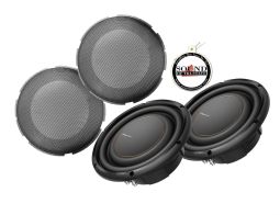 Two Pioneer TS-D10LS2 D Series 10" 2-ohm shallow-mount subwoofer with UD-10GL grilles